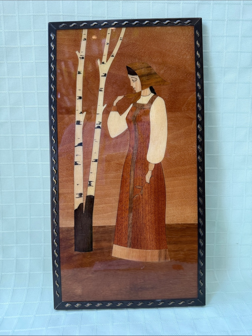Vintage 70’s Handcrafted Wooden Inlay Wall Art in Metal Frame